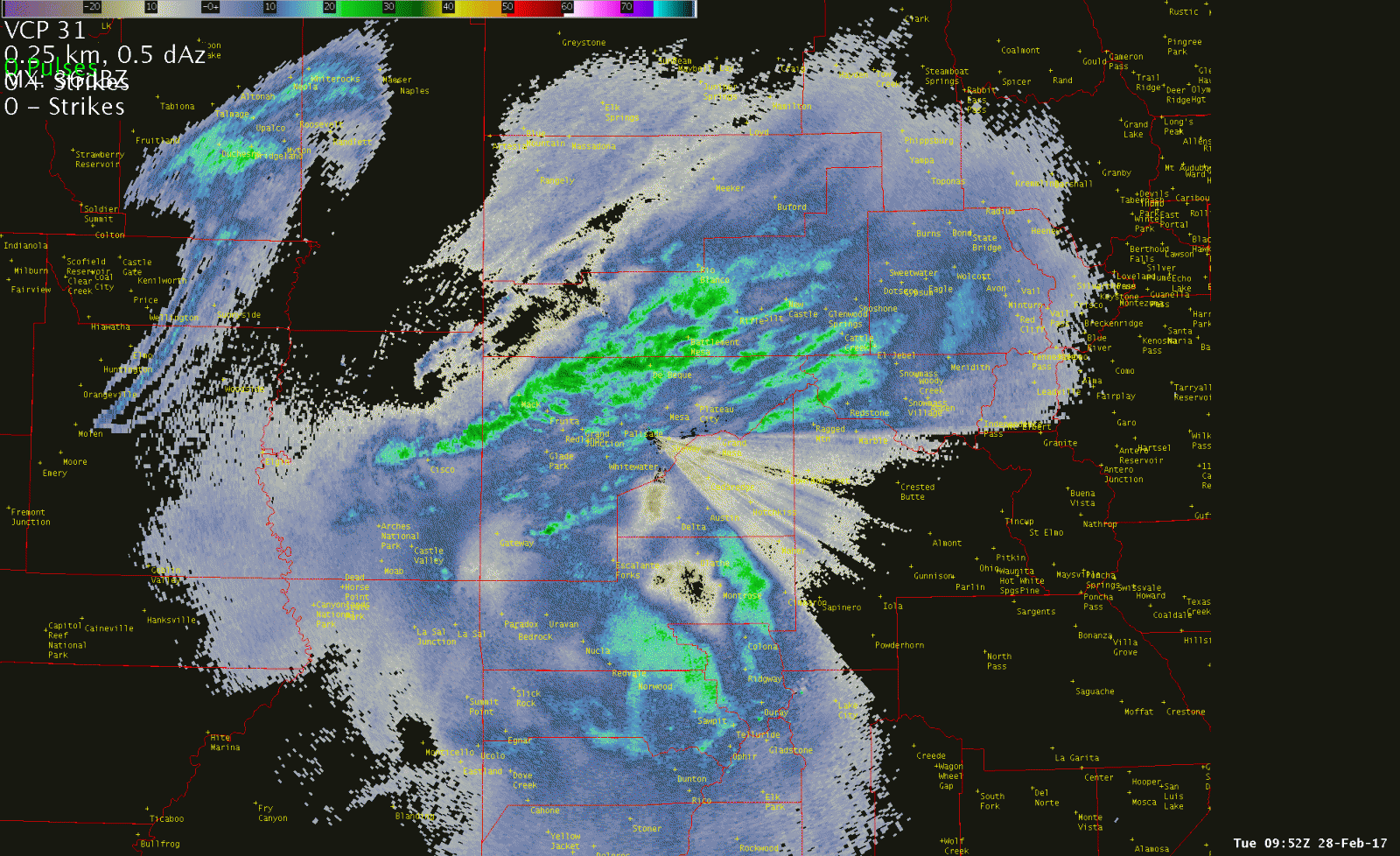 Radar Loop showing cold front moving slowly south through I-70 Corridor